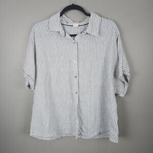 Linen Striped Classic Euro Summer Coastal Button Front Shirt Womens 2x